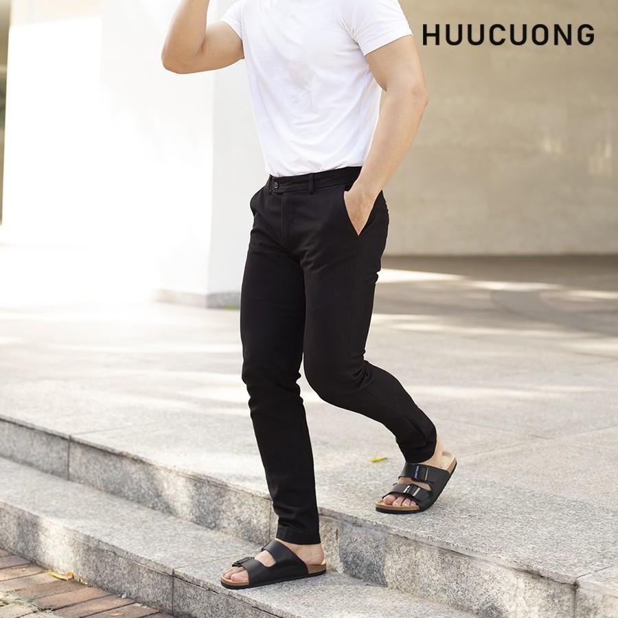 Dép unisex HuuCuong 2 khóa da bò đen đế trấu handmade