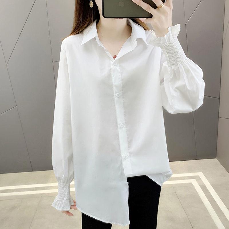 Áo Sơ Mi Nữ From Rộng Kiểu Công Sở Dài Tay Phồng Bo Chun Dáng Dài Hàn Quốc Vải Lụa Màu Trắng Cổ Đức Vintage MOLA