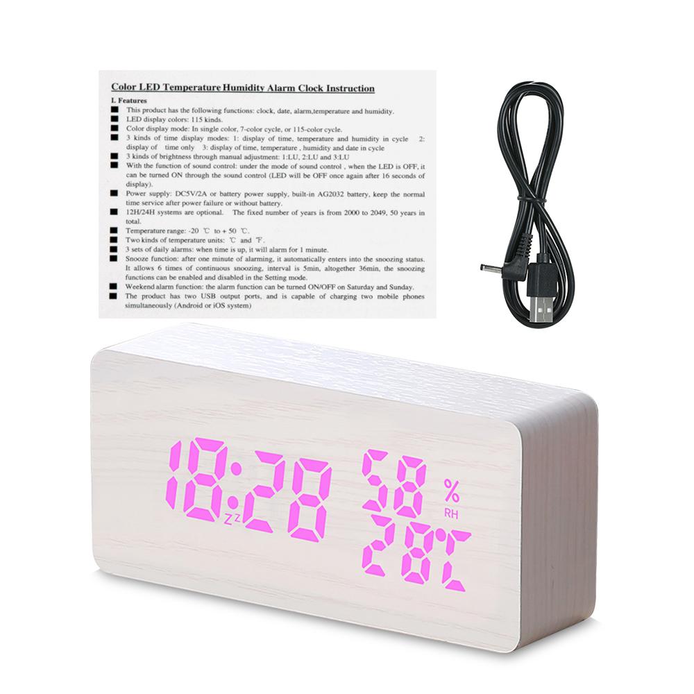 Đồng hồ để bàn kỹ thuật số LED 115 màu bằng gỗ với 3 chế độ hiển thị, cổng sạc USB
