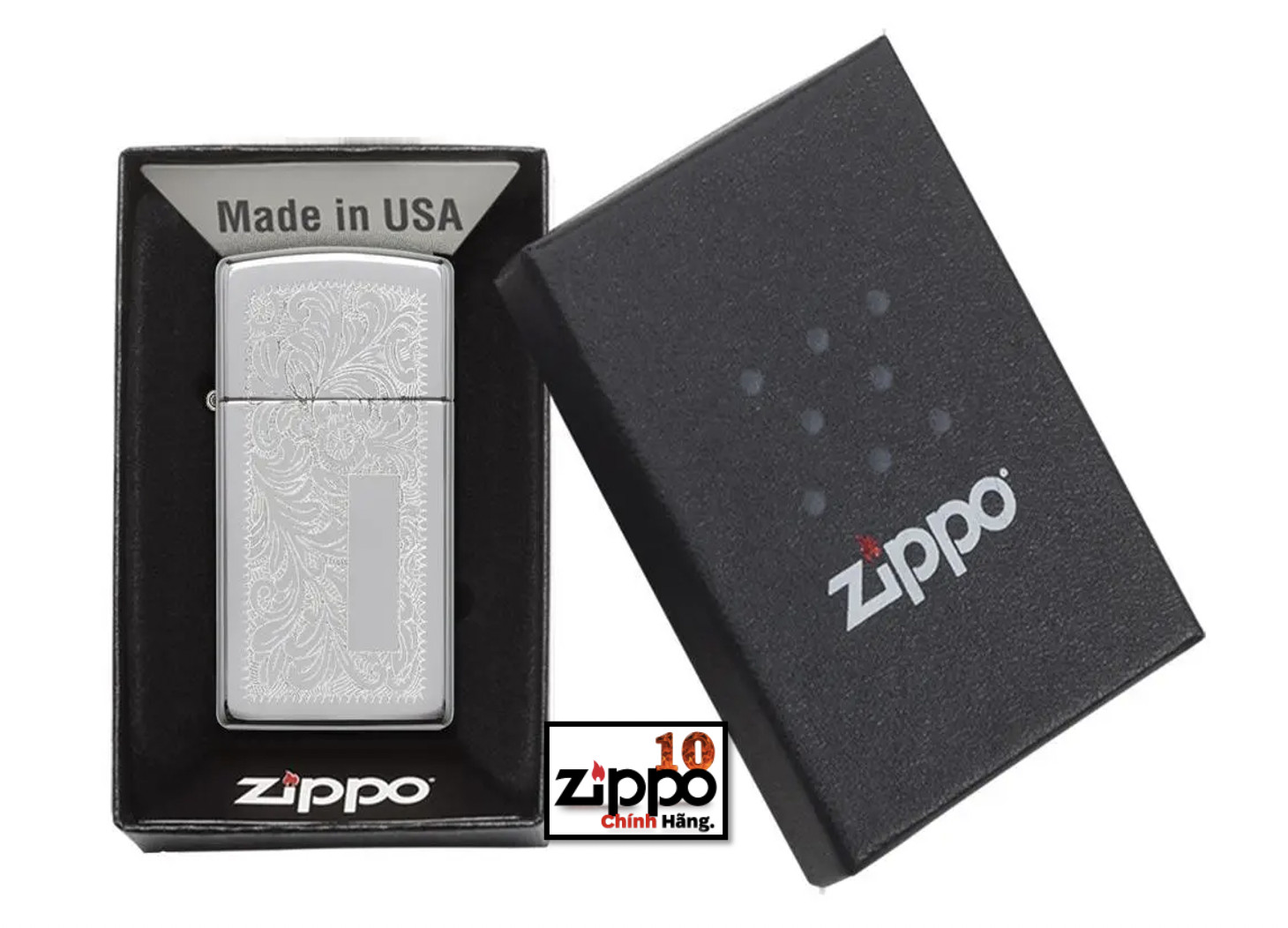 Bật lửa Zippo Slim 1652 Chrome Venetian - Chính hãng 100%