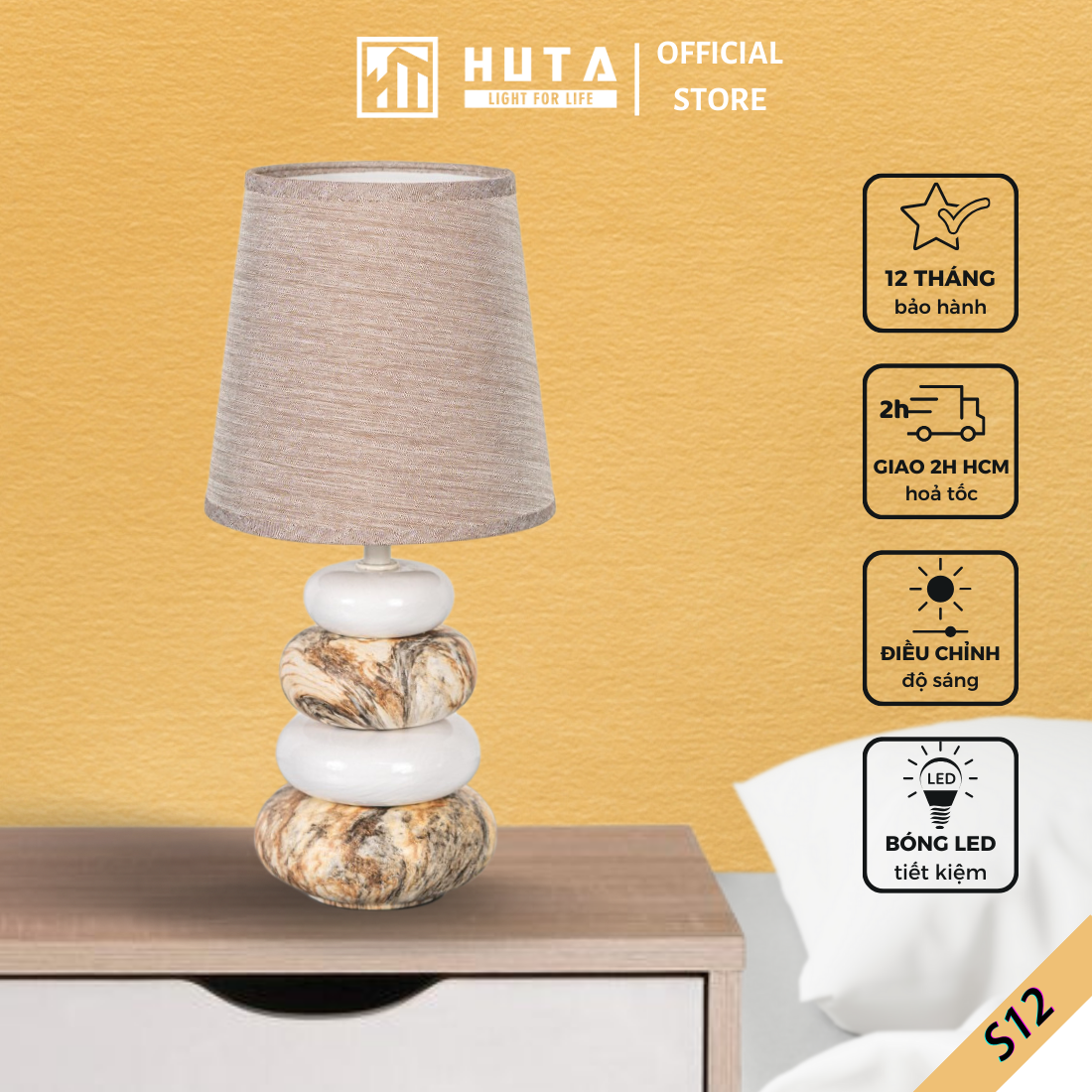 Đèn Ngủ HUTA Light For Life S12 Đá Gốm Sứ Xếp Độc Đáo, Decor Trang Trí Phòng Ngủ, Điều Chỉnh Độ Sáng, Bóng Led Sáng Vàng Tiết Kiệm Điện