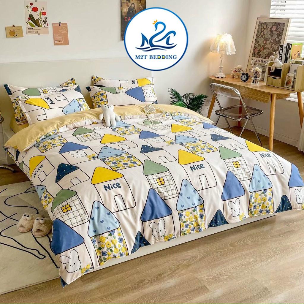 Bộ chăn ga gối Cotton Poly M2T bedding ngôi nhà nhỏ, vỏ chăn mền, drap giường và 2 vỏ gối