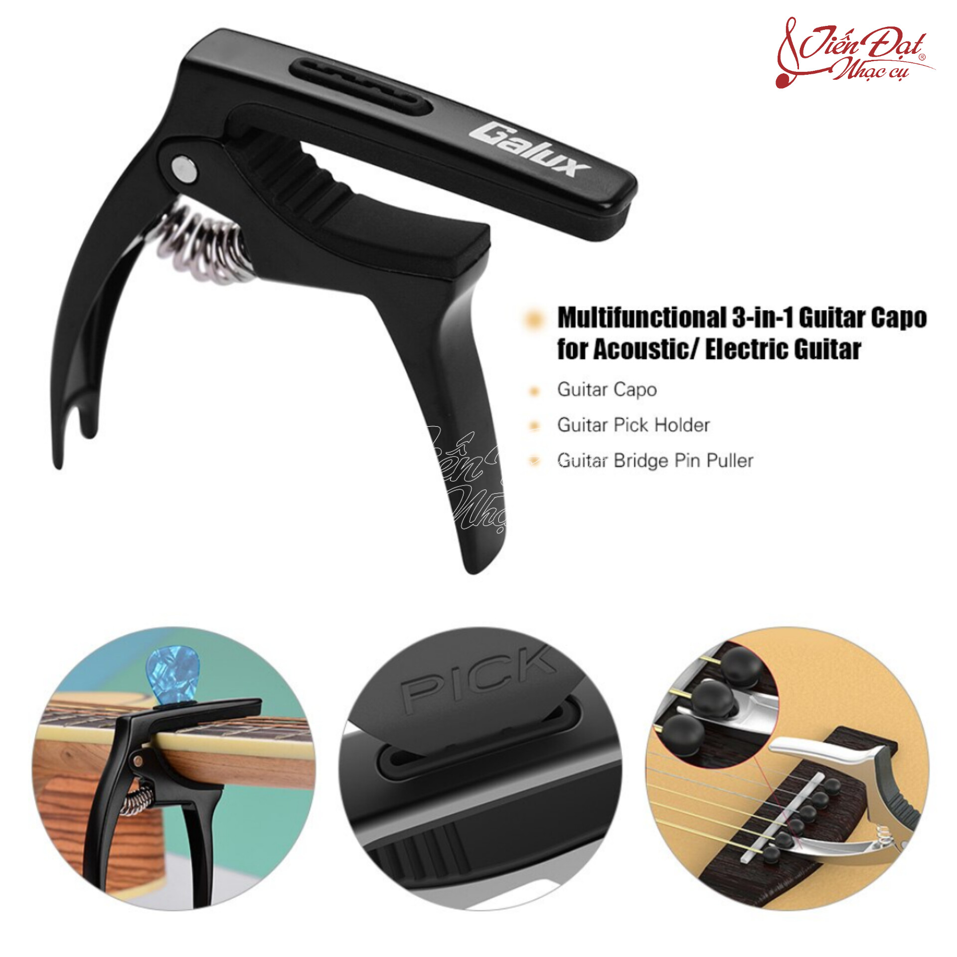 Capo Đàn Guitar Acoustic, Electric Đa Năng 3in1, Có Ngăn Đựng Pick, Nhổ Chốt Đàn Galux GC-500A