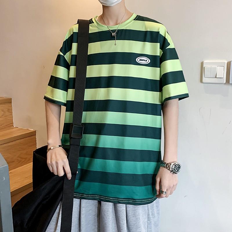 Áo Thun Nam Tay Ngắn Dáng Rộng Họa Tiết Sọc Ngang Thời Trang