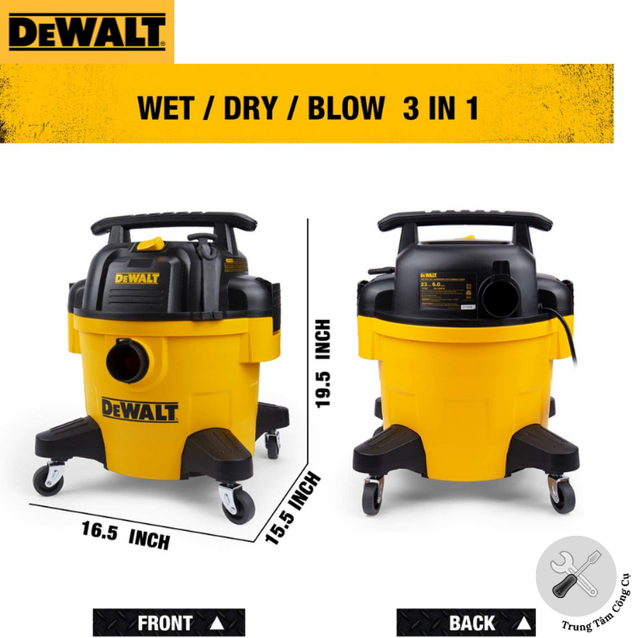 Máy hút bụi công nghiệp 23L công suất 3000W 3 chức năng hút ướt/hút khô/thổi DeWalt USA DXV23P- Hàng chính hãng