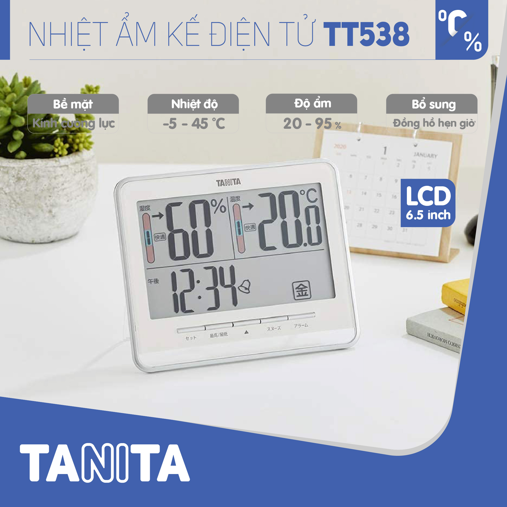 Nhiệt ẩm kế điện tử TANITA TT538 chính hãng nhật bản,thiết bị đo độ ẩm nhiệt độ chính xác,màn hình rõ ràng,hiển thị ngày giờ chuông báo thức,có lỗ treo,để bàn phù hợp trong phòng lạnh, bệnh viện, gia đình có trẻ sơ sinh