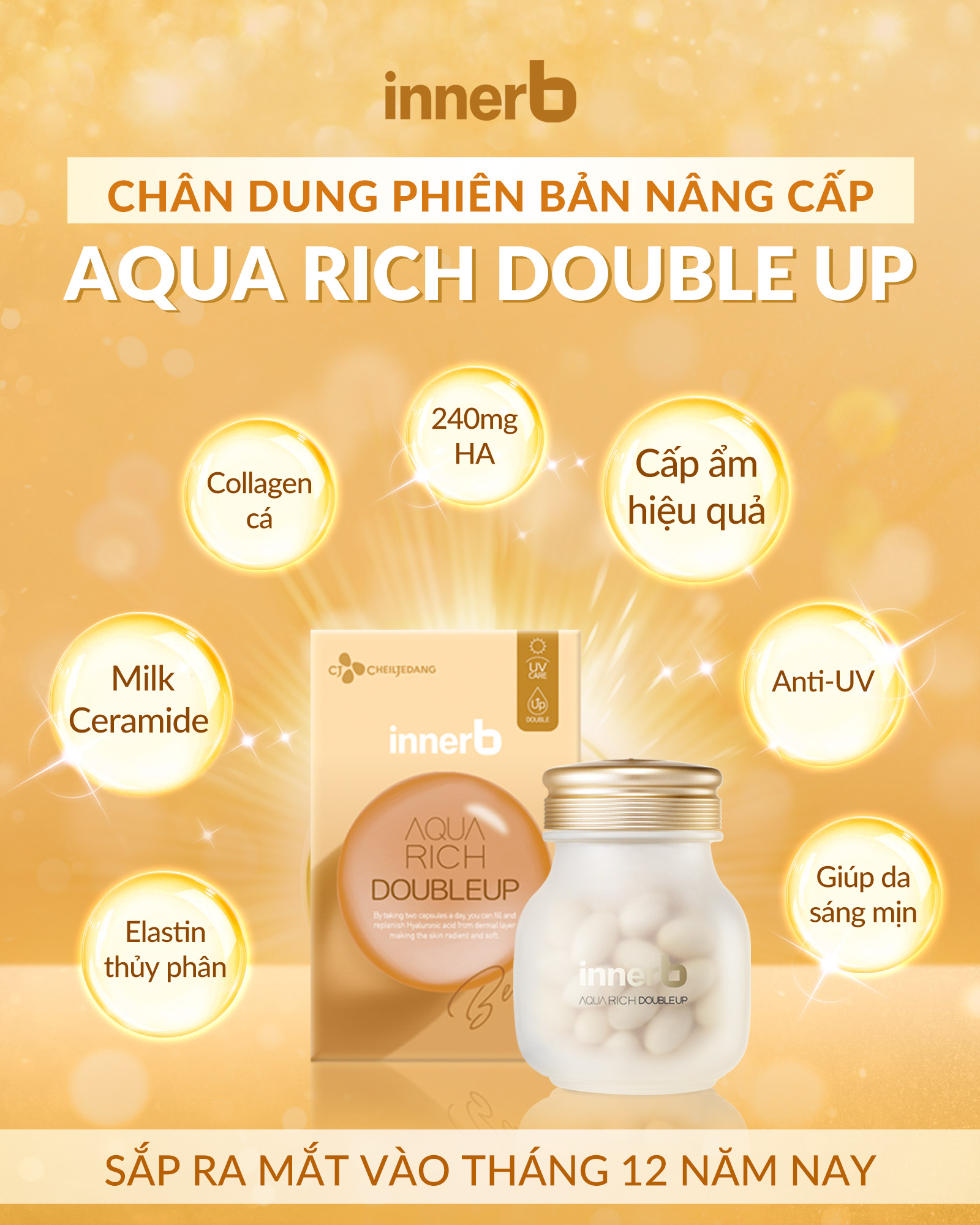 Bộ đôi thực phẩm bảo vệ sức khỏe INNERB AQUA RICH DOUBLEUP lọ 56 viên, cấp ẩm cho làn da mịn màng, ngăn ngừa lão hóa