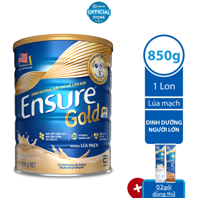 Lon Ensure Gold hương Lúa mạch 850g - Tặng 2 gói dùng thử vị ngẫu nhiên