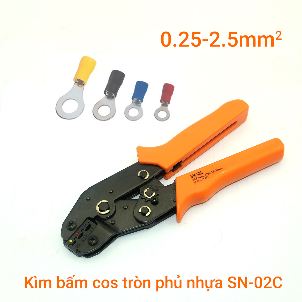 Kìm bấm cos tròn phủ nhựa 02C cho dây Φ0.5 - 1.6 thiết diện 0.25-2.5 mm² 24-14 AWG