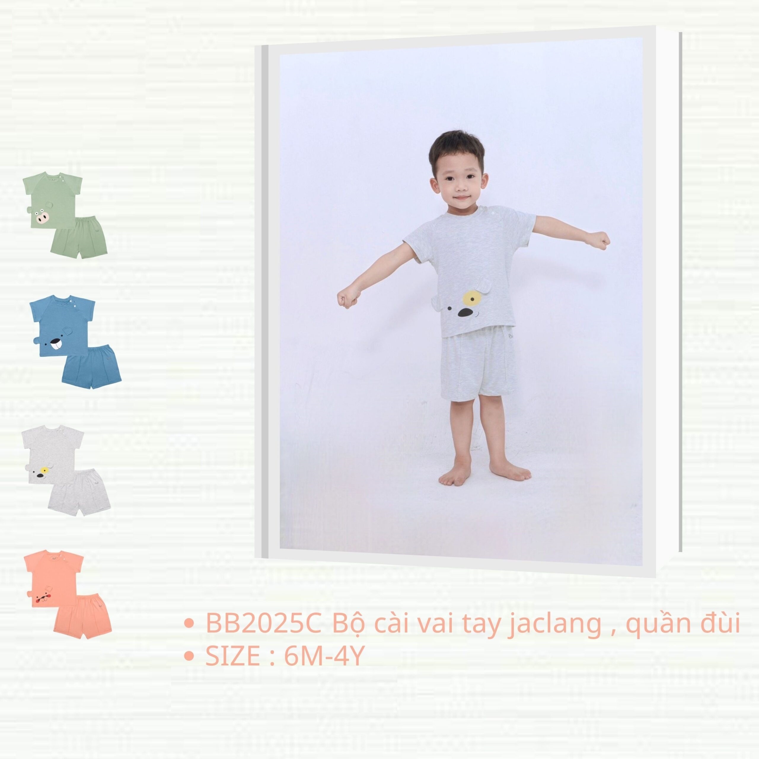 Bộ cộc tay  BARU cài vai Quần đùi Hoạ Tiết Dể Thương Cho Bé Gái Bé Trai ( 6m-4y )