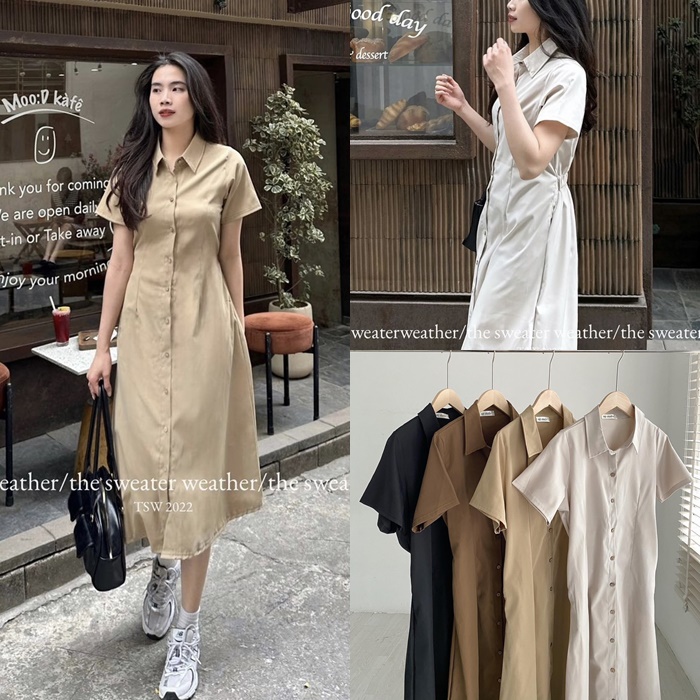 ĐẦM DÀI MIDI SUÔNG TRƠN CỔ SƠ MI THUN EO TAY NGẮN DẠO PHỐ ĐI BIỂN DỰ TIỆC ĐI HỌC ĐI LÀM