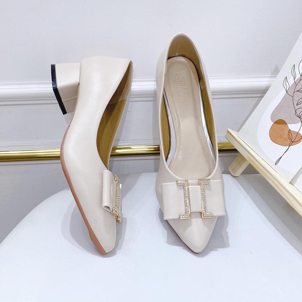 Giày Cao Gót Nữ Mũi Nhọn  gót vuông cao 3p khóa chữ H nữ tính