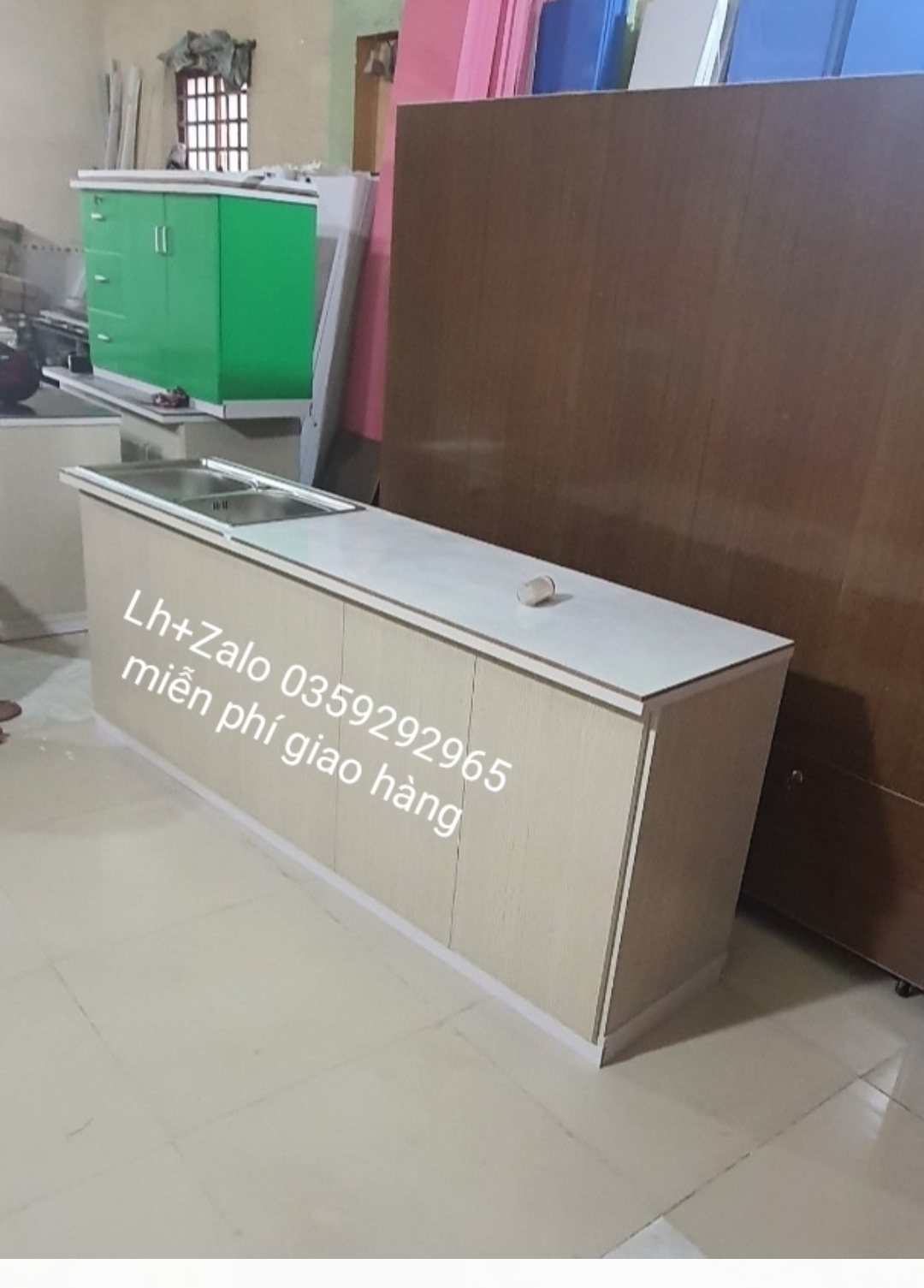 Tủ bếp mini nhựa đài Loan mặt gạch 2 chậu rửa