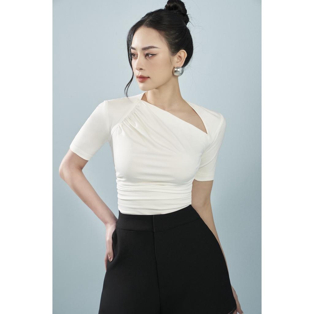 MOLLYNISTA - Áo Yany thun mịn cao cấp nhún cổ chéo