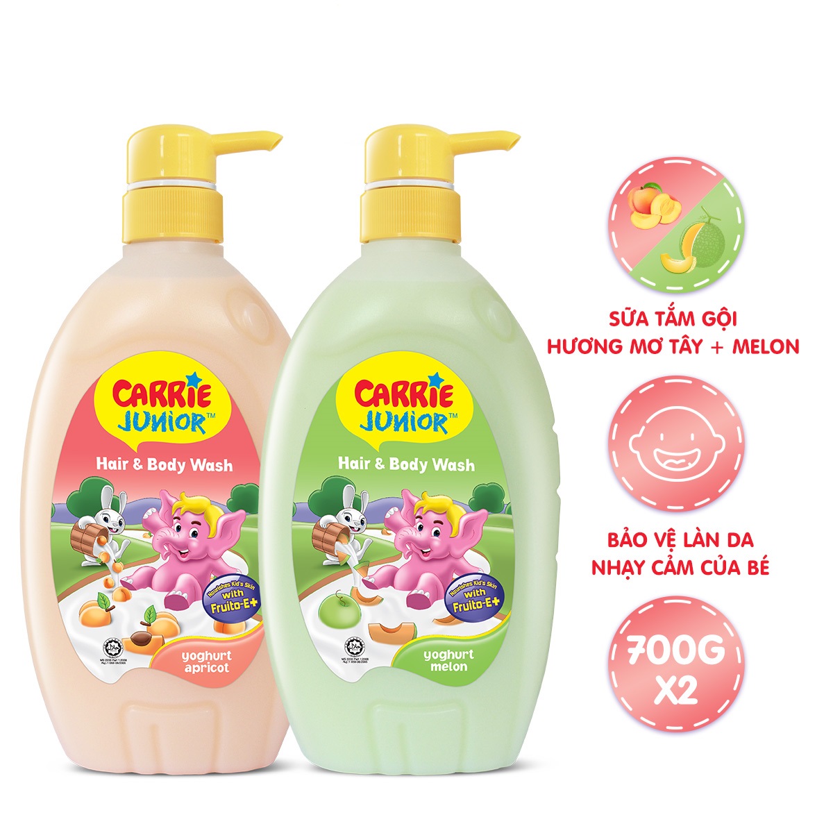 Combo 2 Chai Sữa Tắm Carrie Junior Yoghurt Hương Melon + Hương Mơ Tây ( 700g x 2)