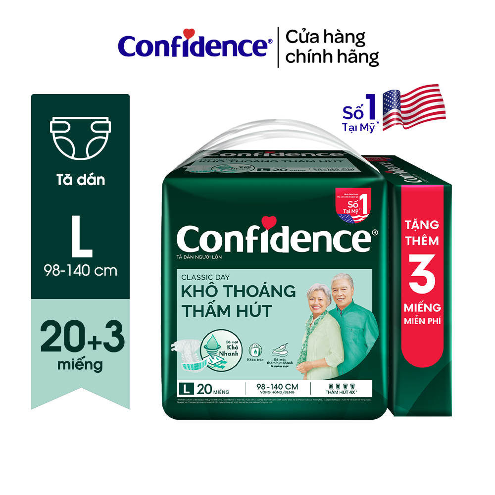 Tã dán người lớn Confidence Classic Day khô thoáng thấm hút size M/L gói 20+3 miếng