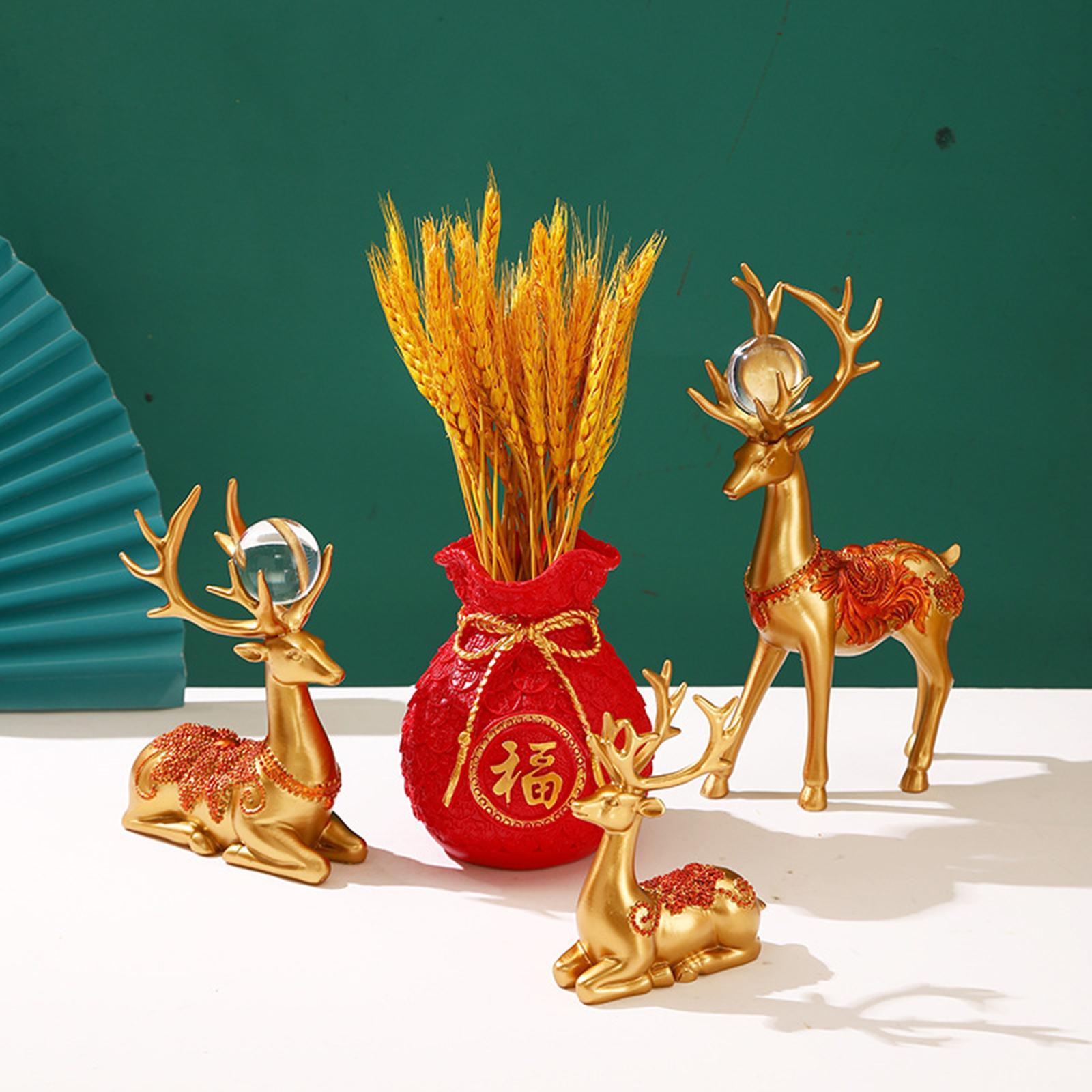 Set 3 Tượng : Túi May Mắn, 2 Tượng Nai Sừng Tấm Trang Trí Nhà Cửa Phòng Khách Năm Mới