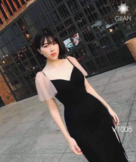 Đầm body xẻ đùi tay phối lưới ngọc
