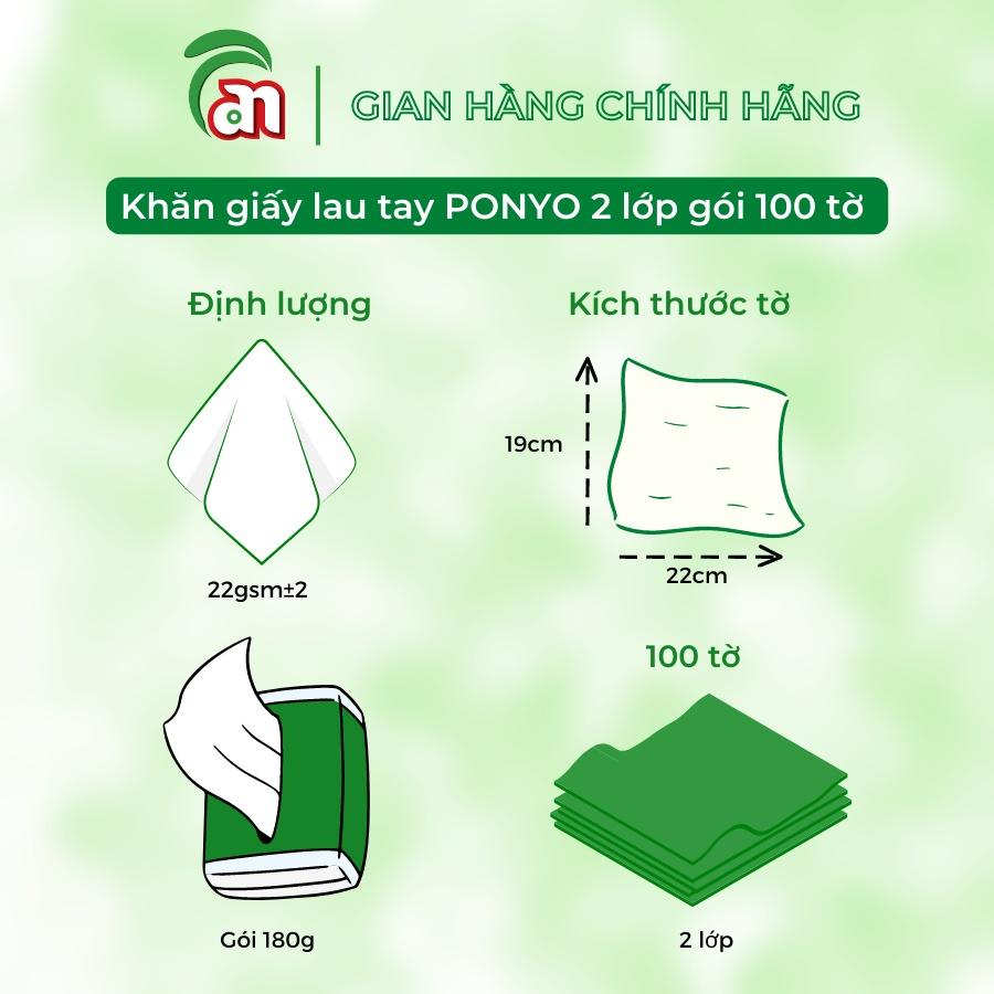 Combo PONYO gia đình tiện lợi: 1 lốc Giấy vệ sinh, 2 cuộn Khăn giấy lau bếp, 2 gói Khăn giấy lau tay và 1 Hộp Khăn giấy