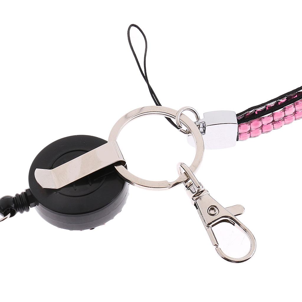 Bling Rhinestone Lanyard, Retractable Reel Vertical ID Badge Holder Black - Deep Pink