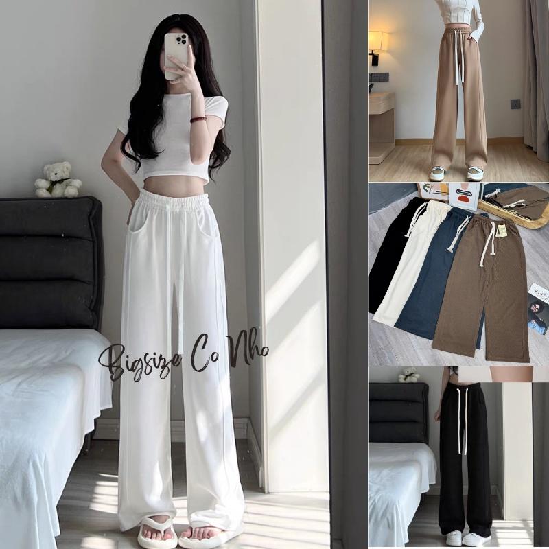 Quần thun dài bigsize nữ ống rộng phối dây cột trắng bản lưng chun co giãn Bigsize Cô Nhỏ - Q14 - Màu Đen