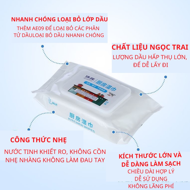 Khăn ướtKhăn ướt lau bếp đa năng, Giấy ướt lau vệ sinh nhà bếp, [ HỘP 80 TỜ ]  bát đĩa cỡ lớn siêu dai an toàn cho da tay