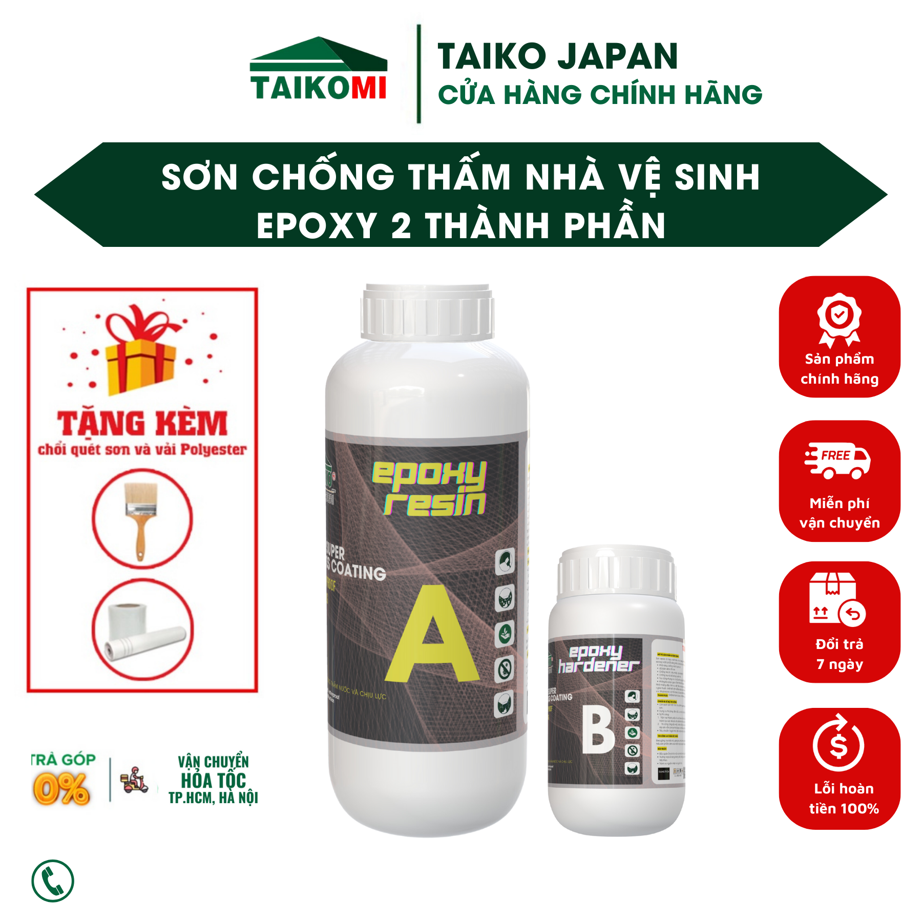 Set 5 Kg Keo Chống Thấm TAIKOMI Epoxy - Chống Thấm A/B Trong Suốt 2 Thành Phần, Sử Lý Chống Thấm Mặt Sàn Nhà Vệ Sinh,Gạch Men, Sàn Ốp Lát