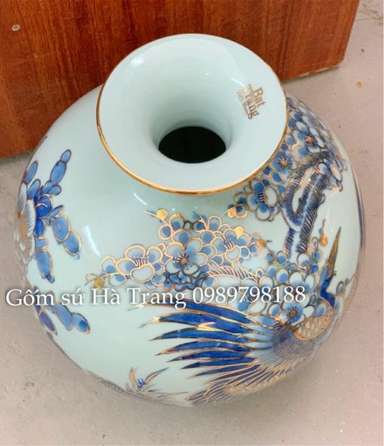 Bình hút tài lộc gốm sứ Bát Tràng cao cấp vẽ vàng 24K hoạ tiết chim hạc hoa đào cao 24cm