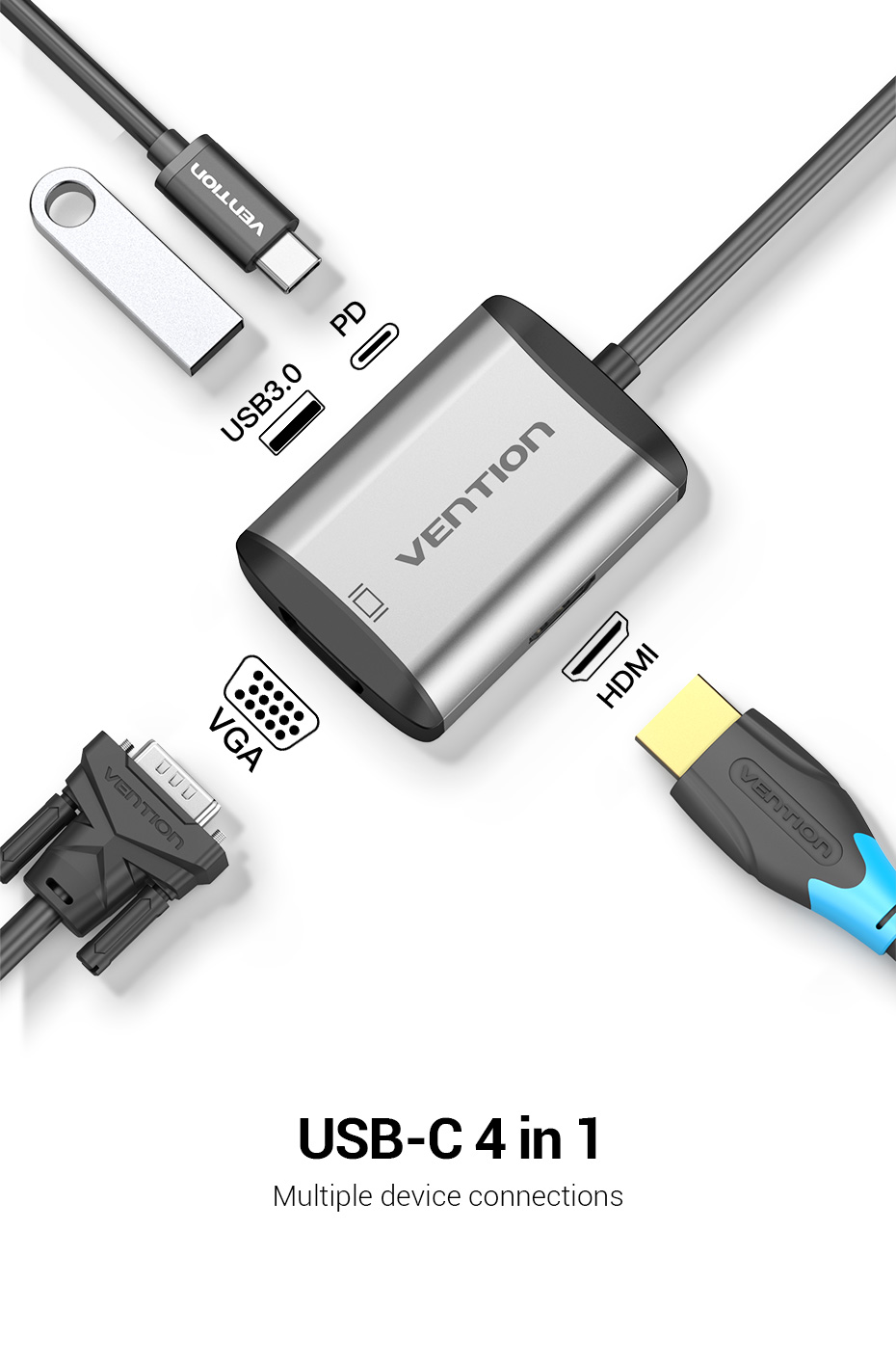 Cáp chuyển USB Type C to HDMI + VGA + USB + PD (87W) Vention TFAHB(4 in 1) - Hàng chính hãng
