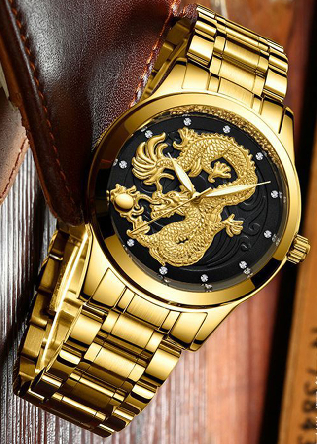Đồng hồ đeo tay nam chạm rồng nổi 3D