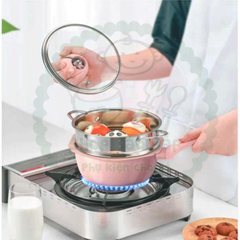 Bộ nồi chảo đá hình hoa cao cấp,chống dính kèm lồng hấp chế biến đồ ăn dặm cho bé