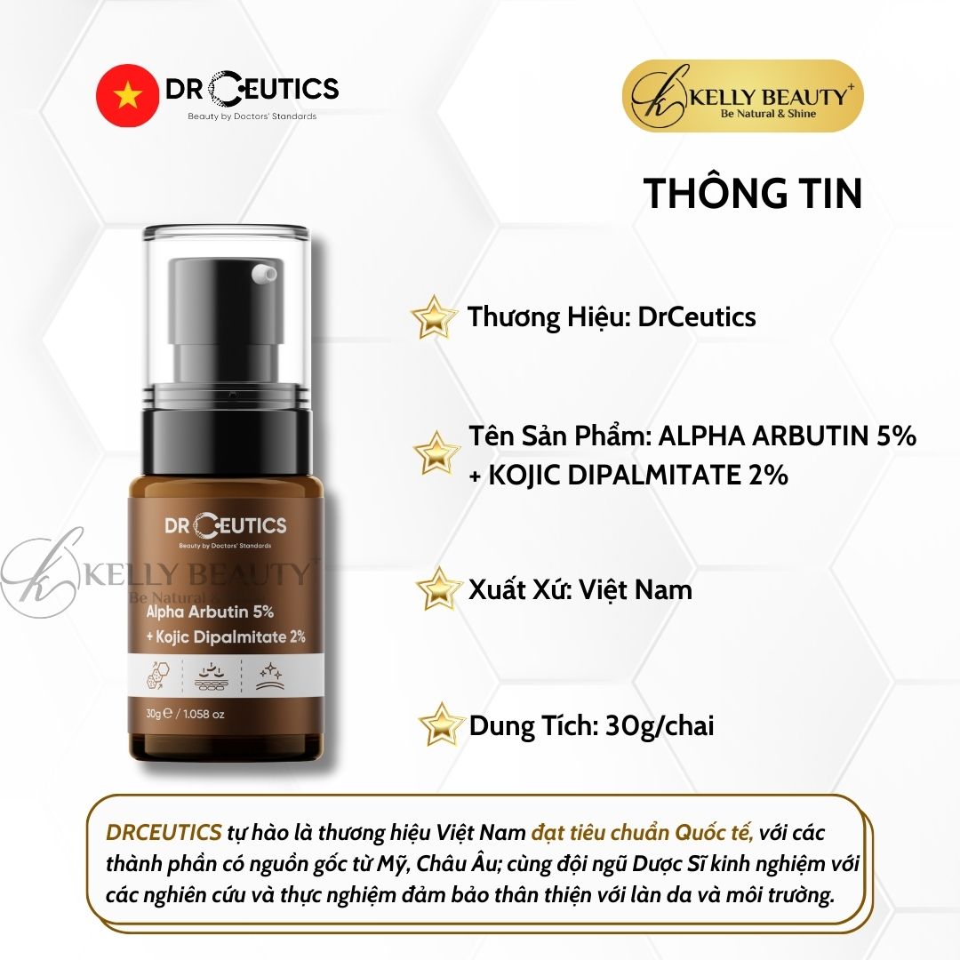 Serum Alpha Arbutin 5% + Kojic Dipalmitate 2% DrCeutics - Làm Sáng Đều Màu Da; Giảm Thâm Đen, Sạm Nám | Kelly Beauty