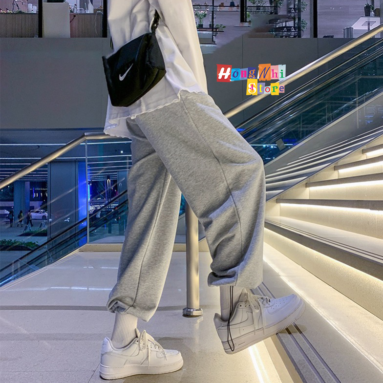 Quần Jogger Basic Ulzzang Unisex Jogger Trơn Dây Rút Lai Ống Rộng Màu Xám - MM