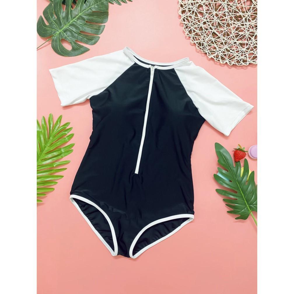 freeship Bikini 1 mảnh , Bodysuit tay ngắn cộc tay có khóa kéo màu đen phối trắng Hiền Hồ️Freeship️