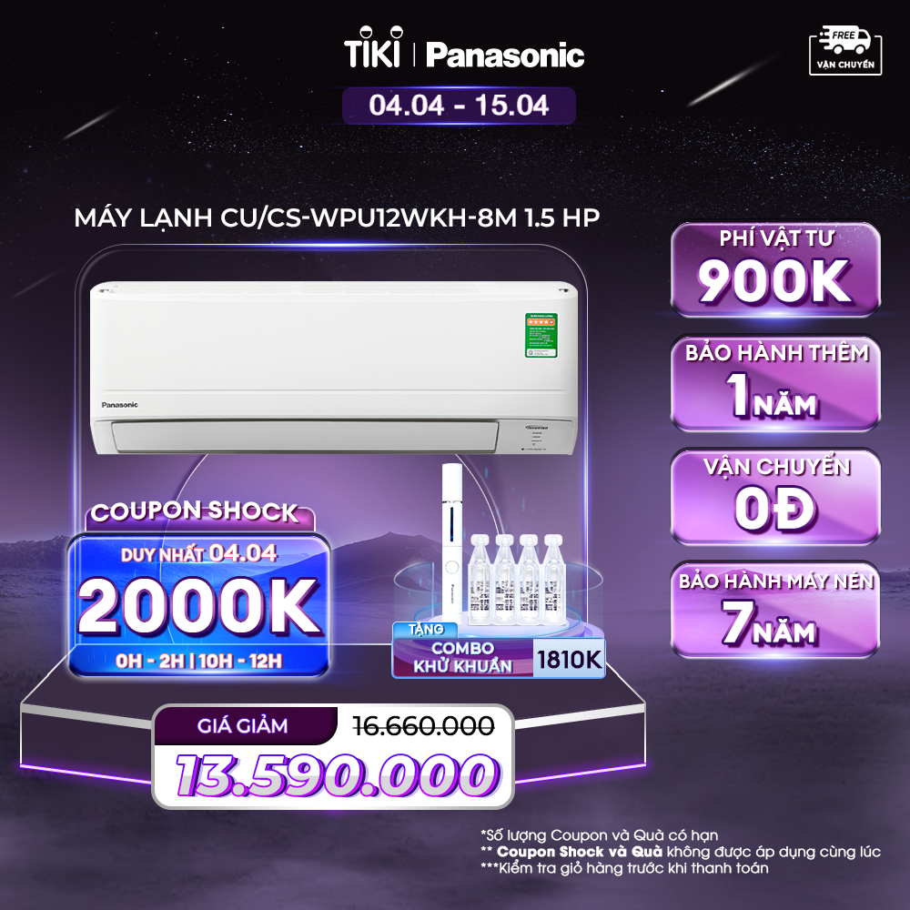 Máy lạnh Panasonic CU/CS-WPU12WKH-8M - Một chiều - Inverter tiêu chuẩn tích hợp kết nối wifi - Hàng chính hãng - 1.5 HP