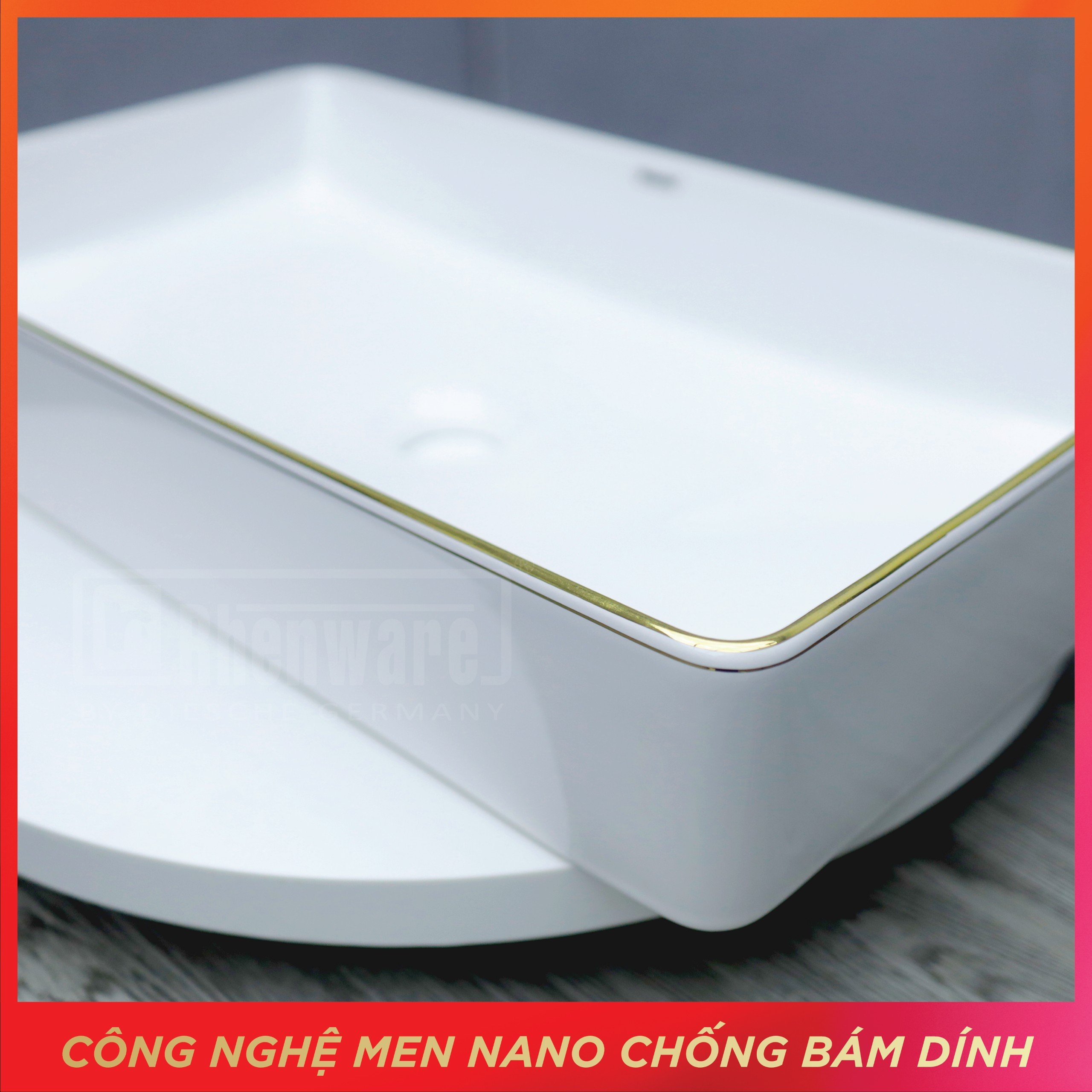CHẬU LAVABO CHỮ NHẬT TRẮNG VIỀN VÀNG , NHẬP KHẨU CAO CẤP CHÍNH HÃNG RHENWARE RL-266145G