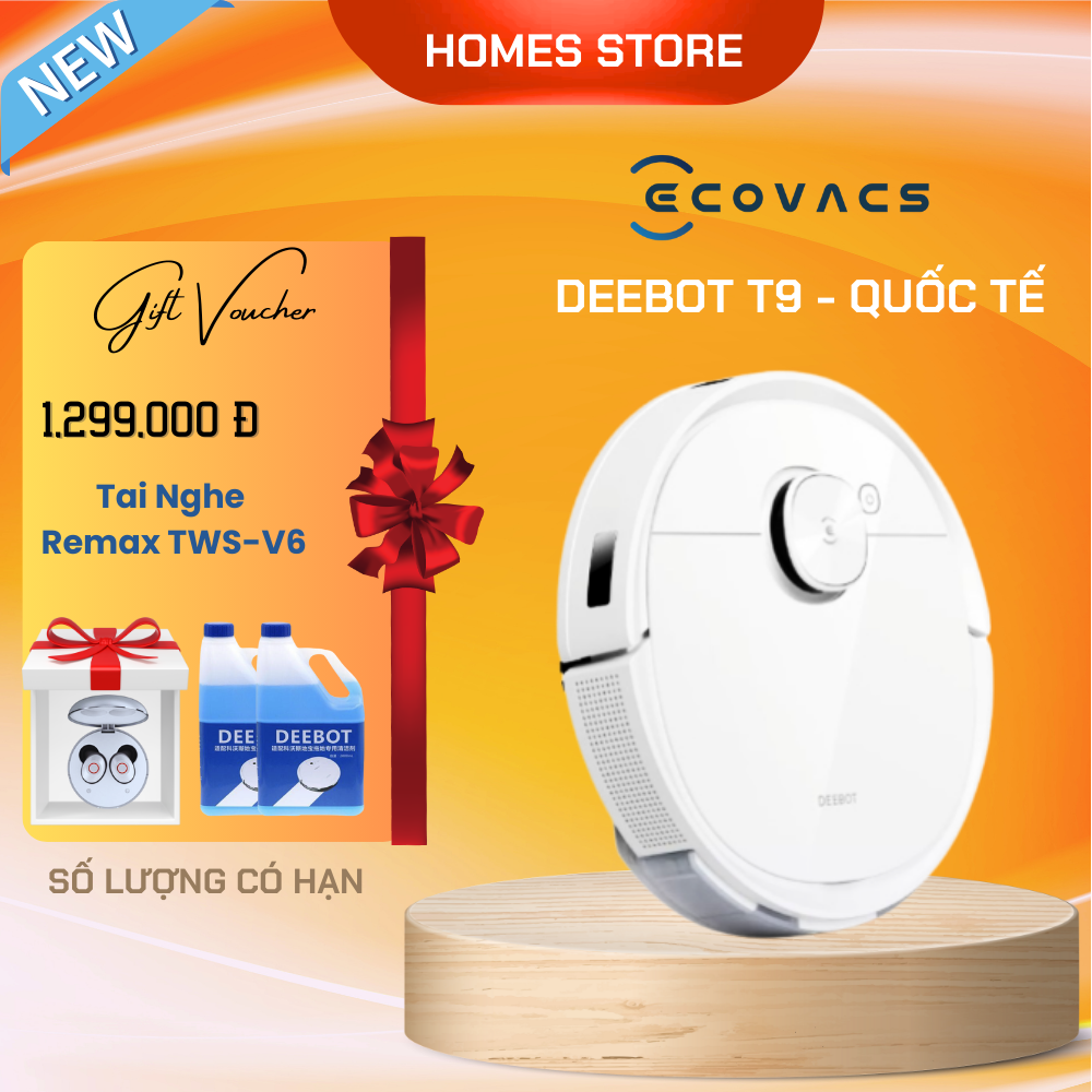 Robot Hút Bụi Lau Nhà ECOVACS Deebot T9 - Bản Quốc Tế Kết Nối App Công nghệ OZMO 2.0 Và Khử Mùi Lực Hút 3000 Pa Phù Hợp Diện Tích 200 m2 Công Suất 40W - Hàng Chính Hãng