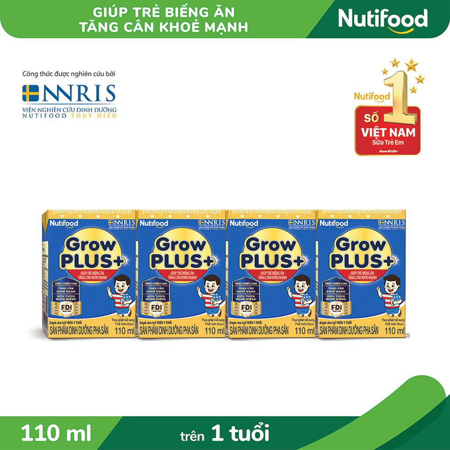 Thùng Sữa Bột Pha Sẵn Nutifood GrowPLUS+ Biếng Ăn 110ml -Tăng Cân Khỏe Mạnh (48 Hộp x 110ml)