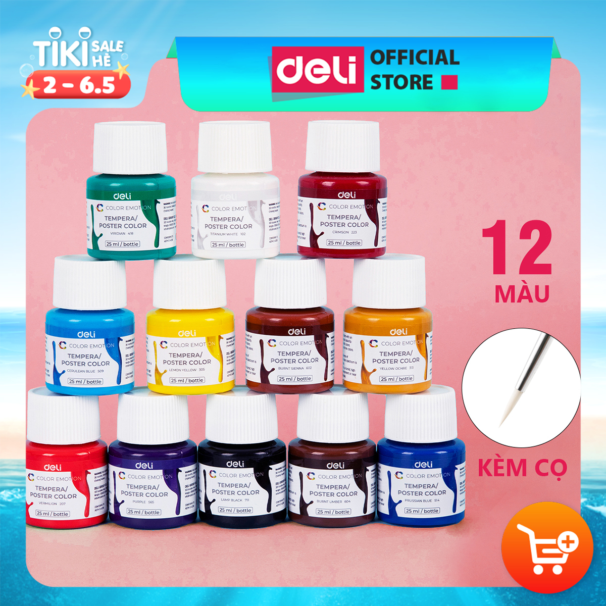 Set màu nước hũ Goat Gouache bộ màu nước pha sẵn 12 lọ 25ml kèm cọ Deli - Chất siêu mịn, dễ dàng trộn pha màu - Phù hợp học sinh, sinh viên mỹ thuật DIY - EC14