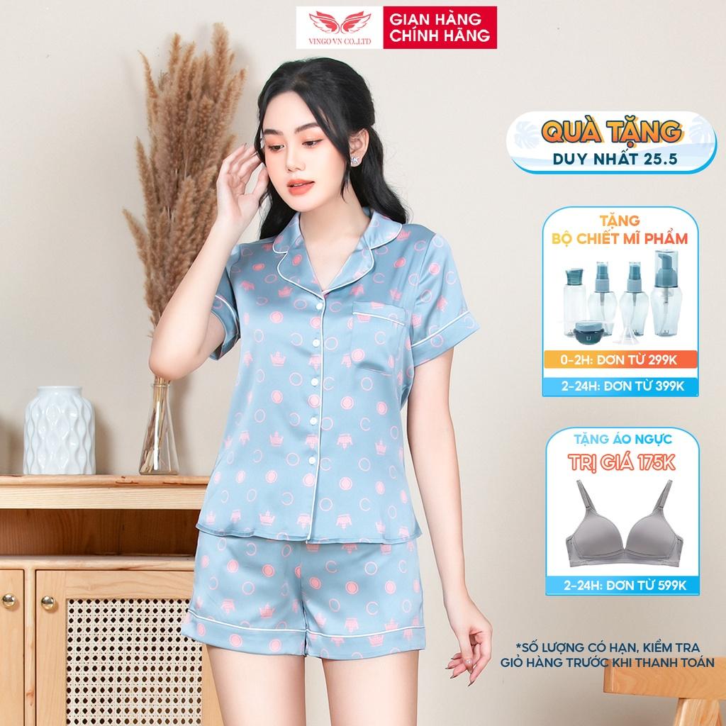 Bộ Đồ Nữ Pijama Mặc Nhà Lụa VINGO Mềm Mịn Cao Cấp Tay Ngắn Quần Đùi Phối Viền Họa Tiết Trái Tim Mùa Hè H685 VNGO