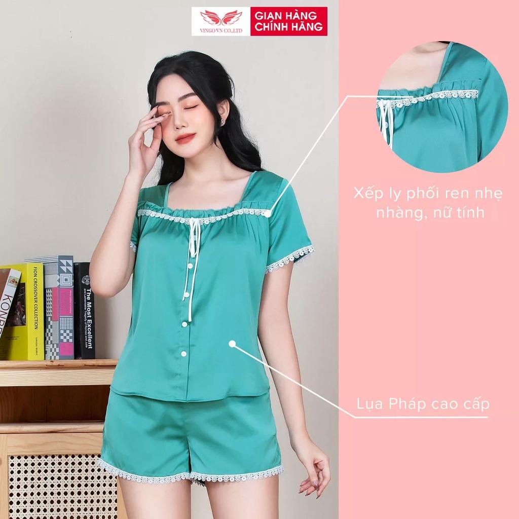 Đồ bộ nữ mặc nhà Pijama VINGO lụa Pháp cap cấp tay ngắn quần đùi có ren và nơ trước ngực trẻ trung mặc mùa Hè H773 VNGO