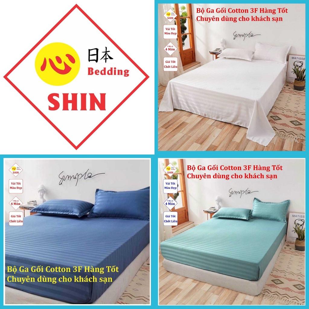Bộ ga gối cotton sọc 3F màu trắng size giường 180x200x25cm chuyên dùng khách sạn