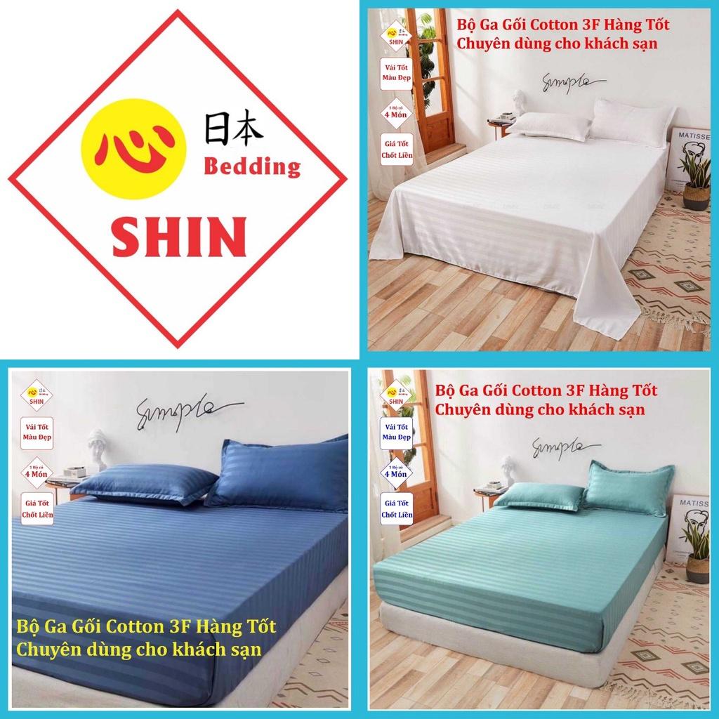 Bộ ga gối cotton  sọc 3F màu trắng size giường 180x200x25cm chuyên dùng khách sạn