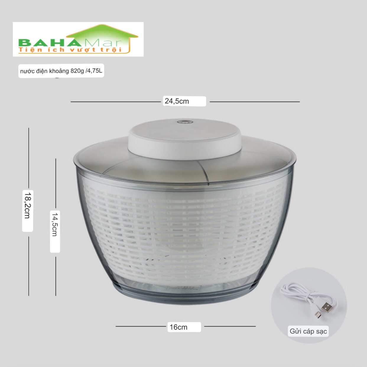 CHẬU - RỔ QUAY VẮT TÁCH NƯỚC LÀM KHÔ RAU BẰNG ĐIỆN (4.5L) &quot;BAHAMAR&quot; có thể sạc lại bằng USB, chỉ cần bật nút nguồn để khởi động và tự động dừng sau 20 giây.  Pin 1500mAh có thể sử dụng được 60 lần