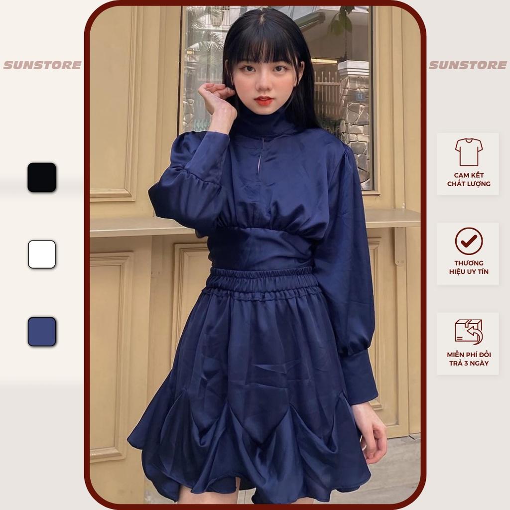 Set đồ nữ đi chơi áo tay dài khoét lưng và chân váy xòe 2 màu Oly set