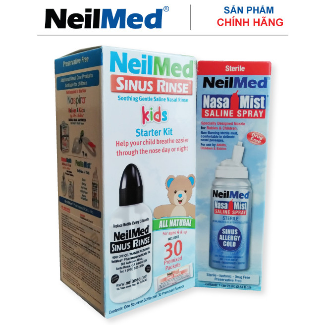 Combo Baby 24h Care: Bình Xịt Rửa Vệ Sinh Mũi Xoang NeilMed Sinus Rinse &amp; Spray Kids -SX Mỹ, hỗ trợ điều trị Sổ Mũi, Nghẹt Mũi và Viêm Mũi Cho Bé (Bình 30 gói muối rửa; 1 chai xịt phun sương 75ml)