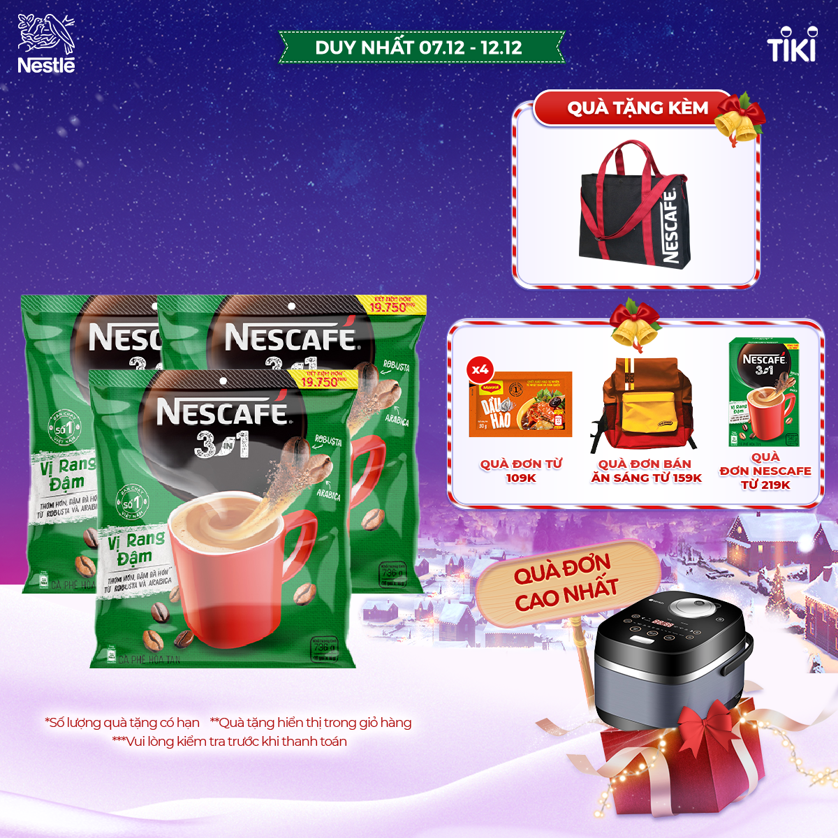 Combo 3 bịch cà phê NESCAFÉ 3IN1 VỊ RANG ĐẬM - công thức cải tiến (Bịch 46 gói x 16g)