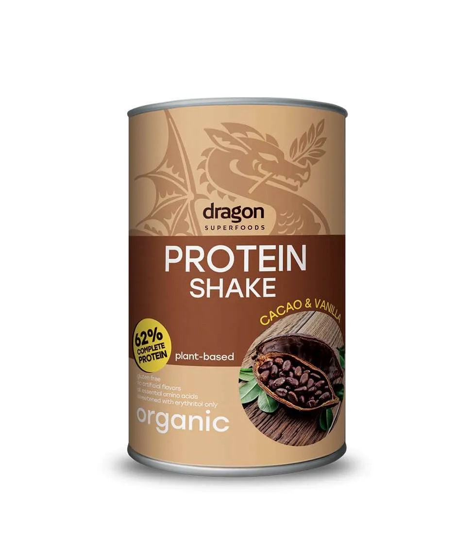 Bột Protein Shake hữu cơ vị cacao và vanilla Dragon Superfoods 500gr