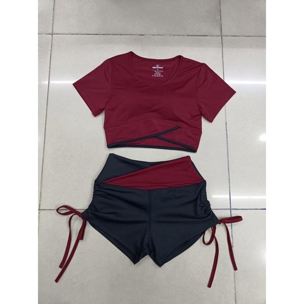 Set bộ đồ tập áo croptop vạt chéo quần đùi rút dây cạp V phối màu tạp gym,yoga,nhảy Zumba, aerobic,đi bơi đi biển nữ