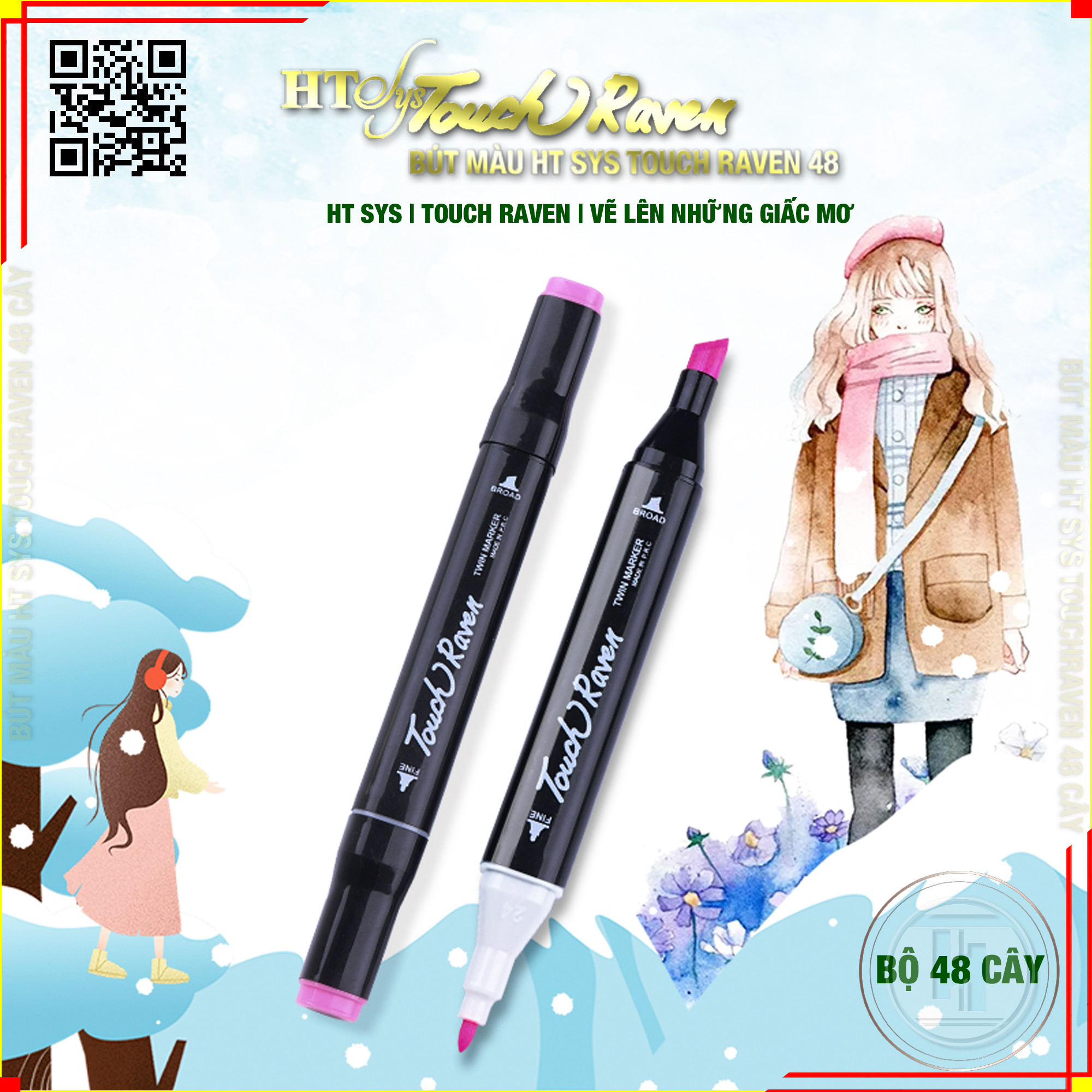 Bút Màu Marker Touch Raven Cao Cấp - Túi Vải Bộ 48 Màu Vẽ Chuyên Nghiệp - Vẽ Anime, Truyện Tranh Manga, Phong Cảnh, Thiết Kế Thời Trang, Đồ Họa, Mỹ Thuật Công Nghiệp - Hàng Nhập Khẩu